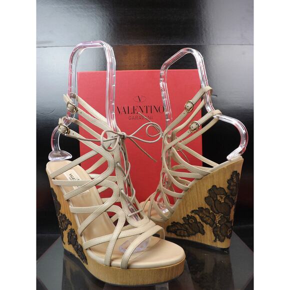 NIB VALENTINO NUDE LEATHER CAGE LACE UP WOODEN LACE WEDGES SANDALS 40 $1095 - Picture 6 of 12